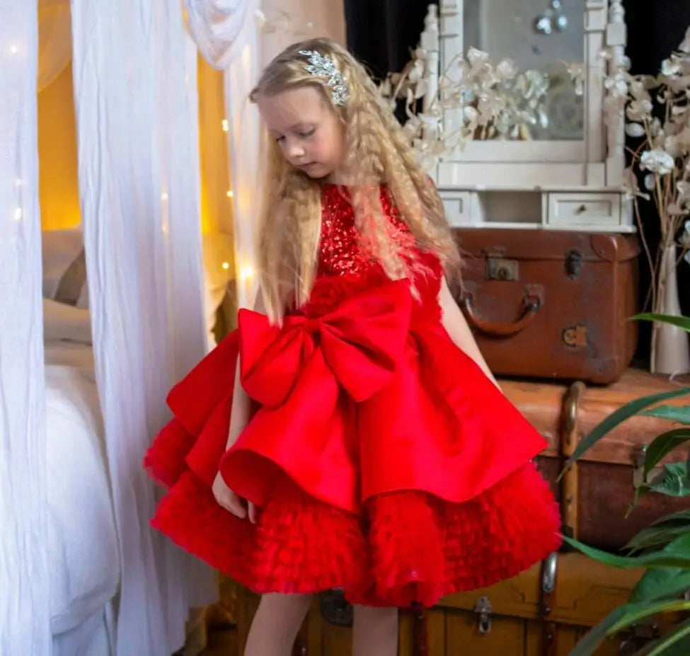 Jewel Neck Kids Girls Puffy Red Ruffles Pageant Birthday Dress childrensterritory