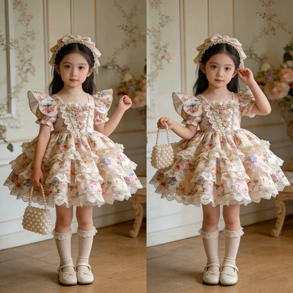 Kids Girls Floral Print Lace Patchwork Summer Princess Dress