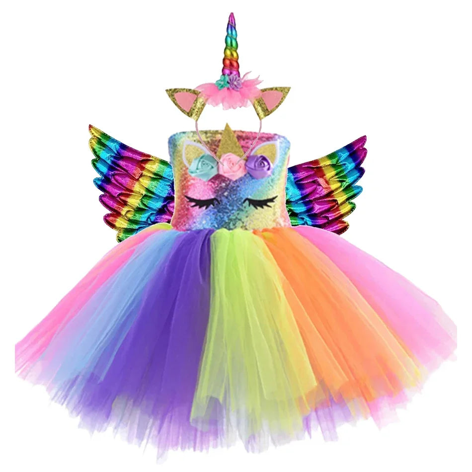 Kids Girls Unicorn Design LED Lights Sequin Tutu Dress for Halloween