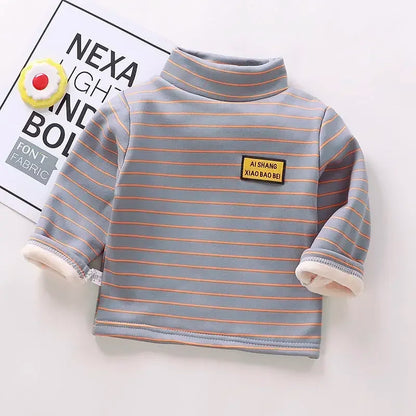Kids Korean Style Turtleneck Striped Design Velvet Winter T-shirts childrensterritory