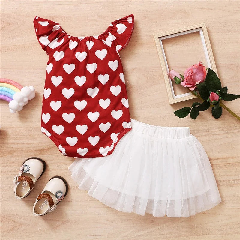 Baby Girl 2PCS Heart Print Romper + Tulle Skirt Outfit