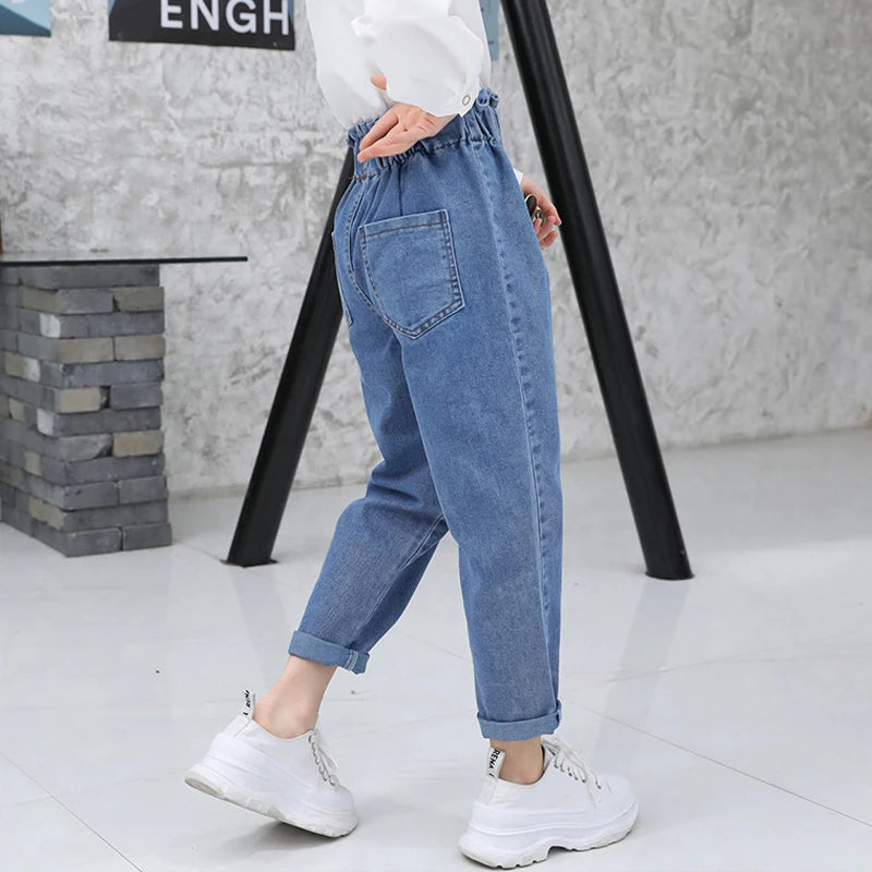 Casual High Waist Elastic Denim Pants for Girls