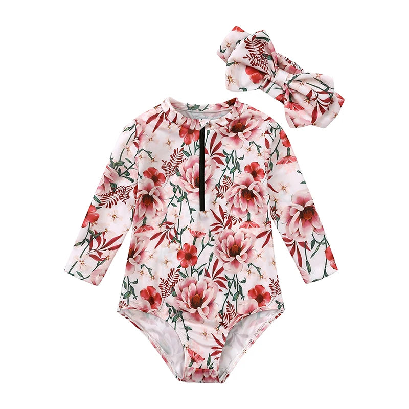 Floral Round Neck Little Girl Zipper Swimsuit