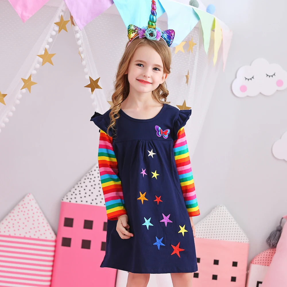 Little Girls Long Sleeve Cartoon Design Casual Dresses childrensterritory