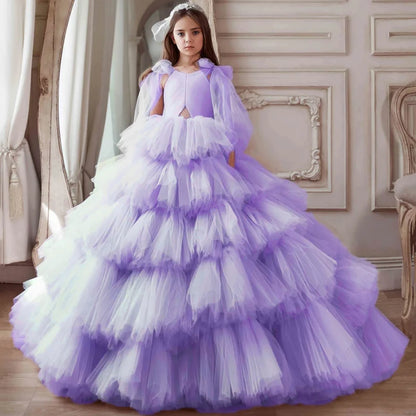 Kids Girls Tiered Tulle Bow Shoulder Design Dresses For Birthday/Prom childrensterritory