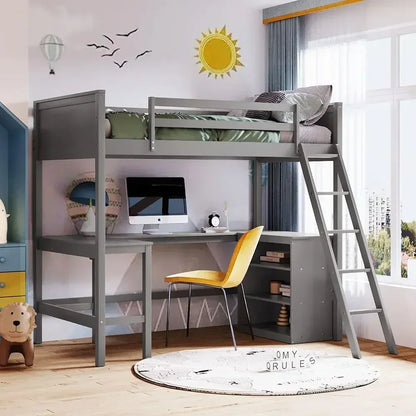 Twin Size Wooden Loft Bed with Under-Bed Storage - Gray