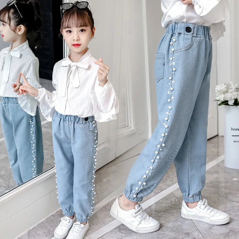 Casual High Waist Elastic Denim Pants for Girls