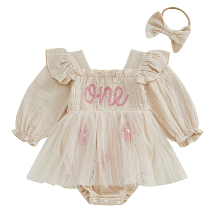 Baby Girls Letter Pattern Ruffled Mesh Romper Dresses
