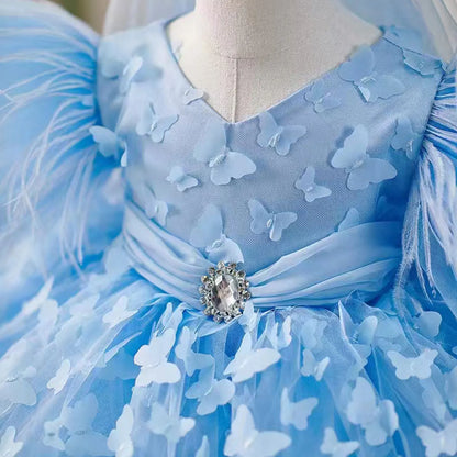 Elegant Butterfly Designed Blue Flower Girl Dress with Hairband childrensterritory