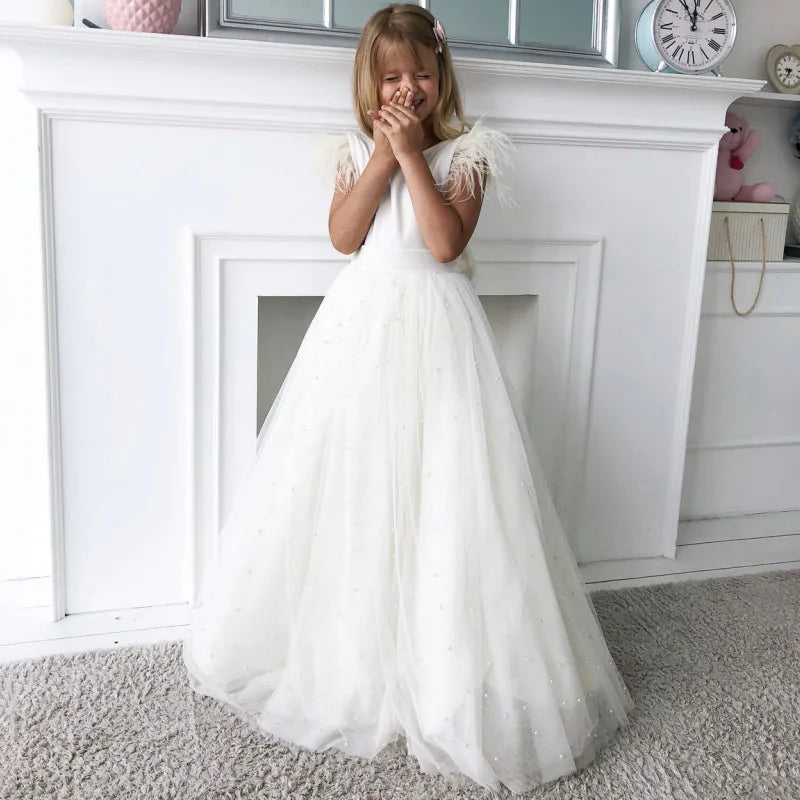 A-Line Feathers Sleeve Backless First Communion Dress For Girls