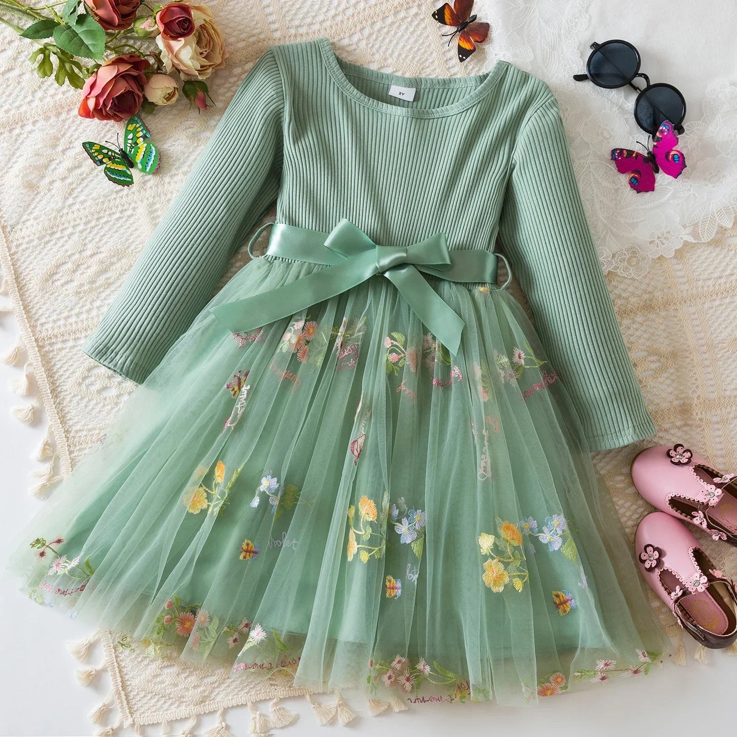 Girls ' Long-Sleeved Flower Design Birthday Party Dress