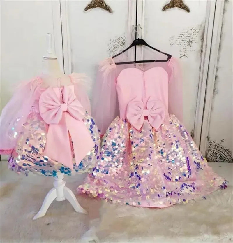 Mother and Daughter Sequined Tulle Matching Party Dress