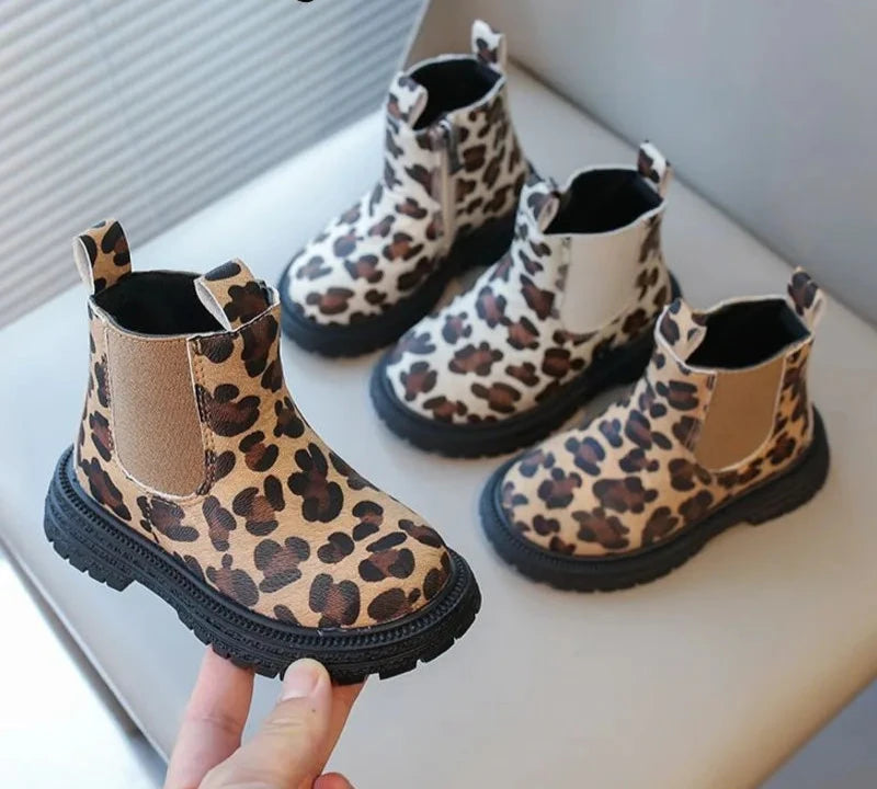 Leopard Print Anti Slip Children PU Zip Ankle Shoes childrensterritory