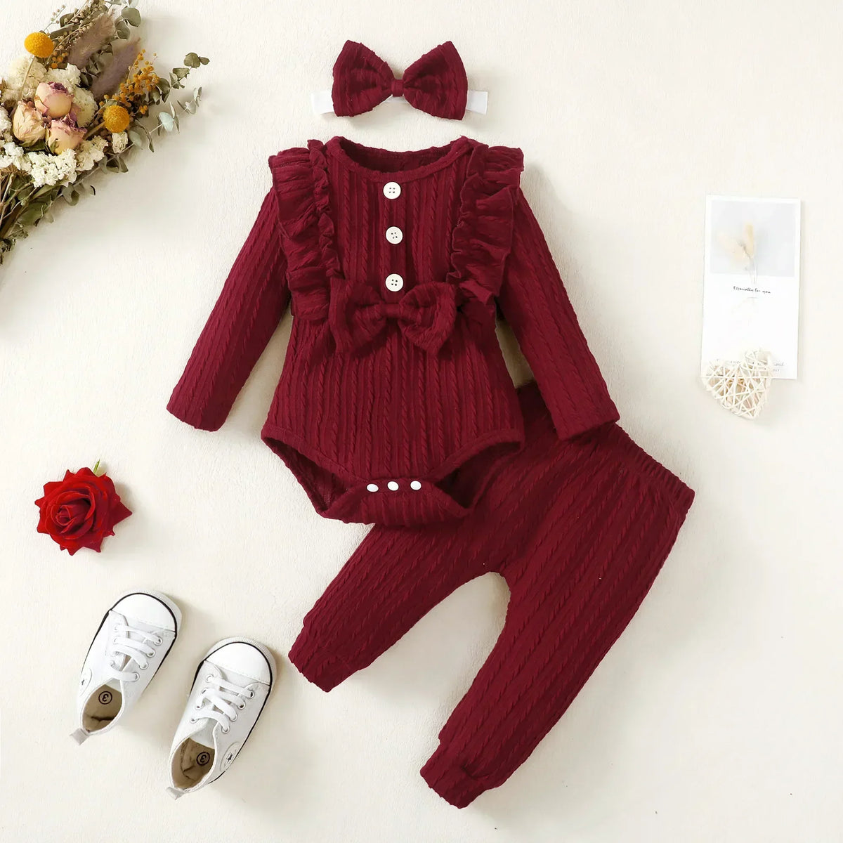 3Pcs Newborn Girl Bodysuit, Bow, Floral Pants Clothing Set