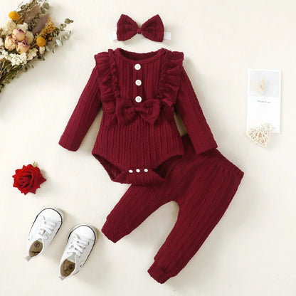 3Pcs Newborn Girl Bodysuit, Bow, Floral Pants Clothing Set