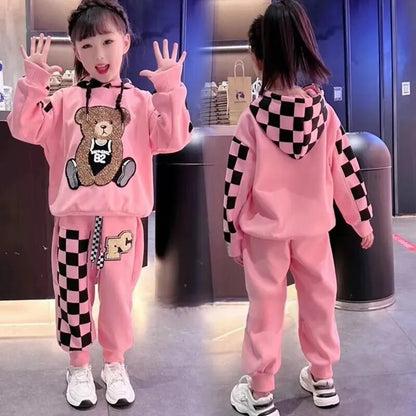 Kids Cartoon Bear Design Plush Hooded 2pcs Sports Suit Set childrensterritory