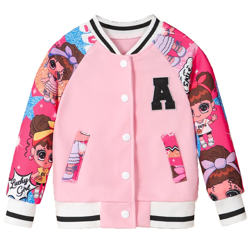 "A" Pattern and Cartoon Doll Print Kids Girls Jackets childrensterritory