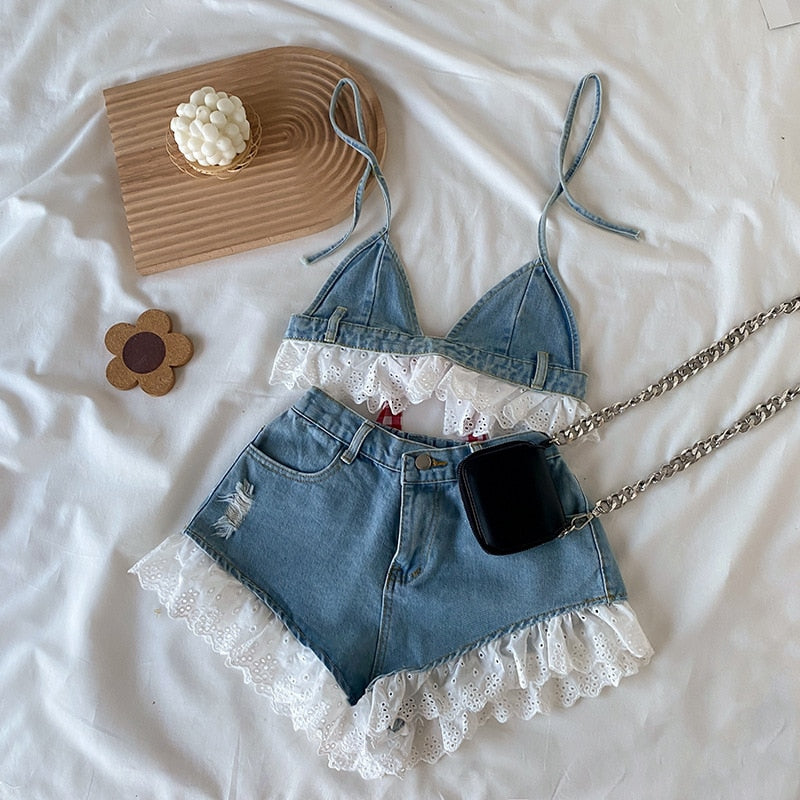 Denim Crop Top + Shorts Summer Clothing Set for 3-16years Girls childrensterritory