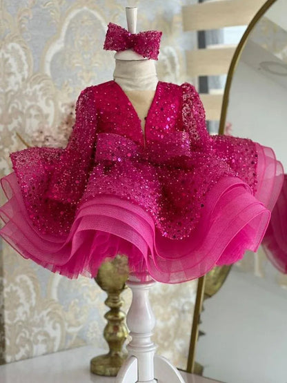 Puffy Glitter Sequined Flower Girl Dress with Detachable Train