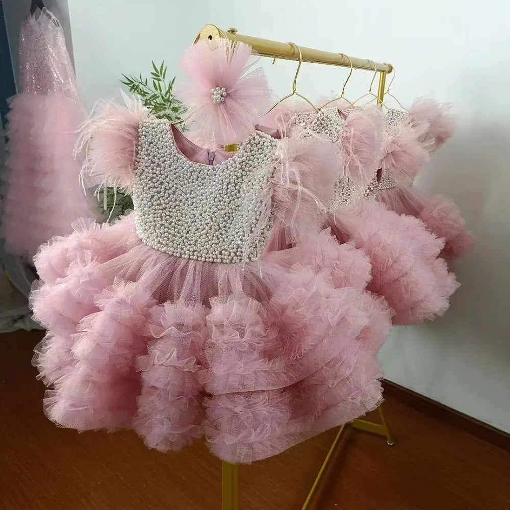Pink Flower Girl Dress with Layers of Tulle for Wedding or Birthday