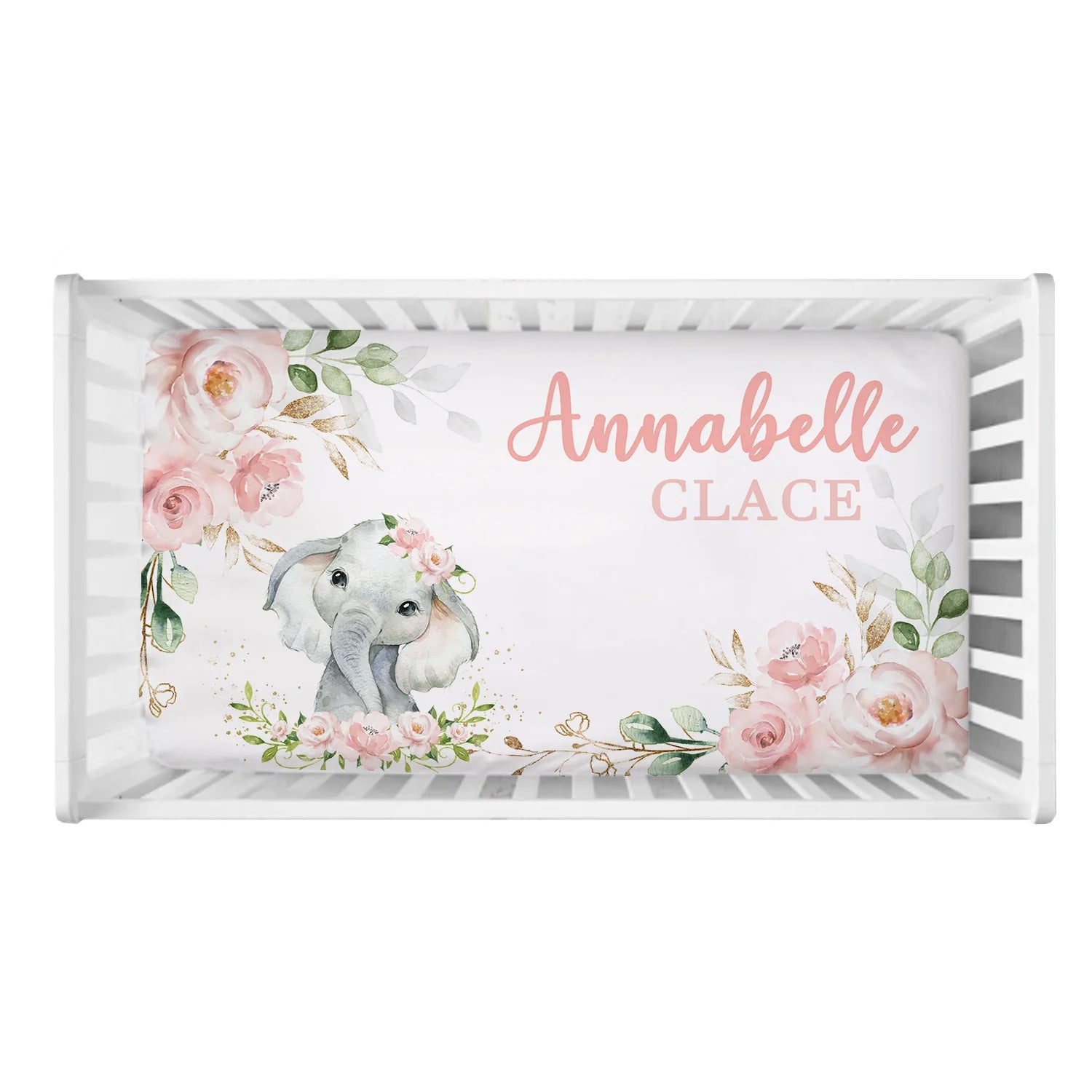 Custom Name with Flower Elephant Print Baby Bedding Set