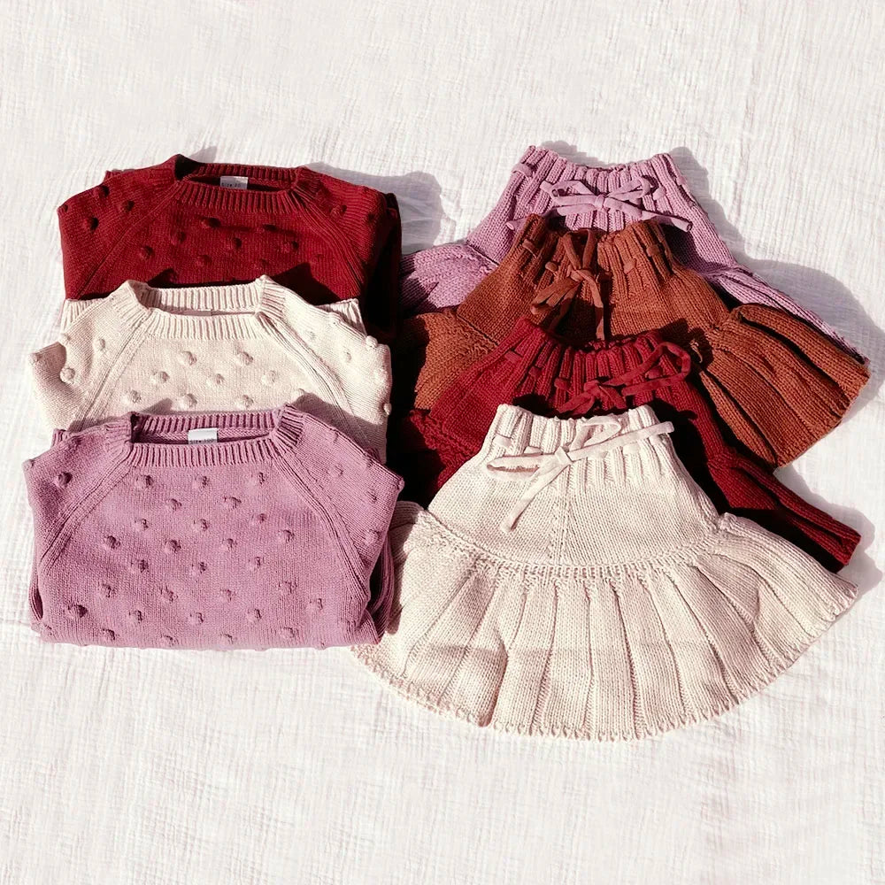 Toddler Girls Popcorn Chunky Knit Pullover Tops and Skirt Set childrensterritory