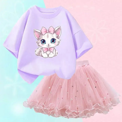 Little Girls Cute Cartoon Print T-Shirt &amp; Mesh Tutu Skirt Outfits
