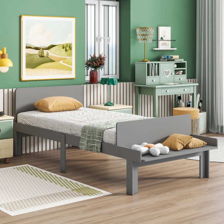 Easy-to-Assemble Twin Bed with Footboard Bench for Kids childrensterritory