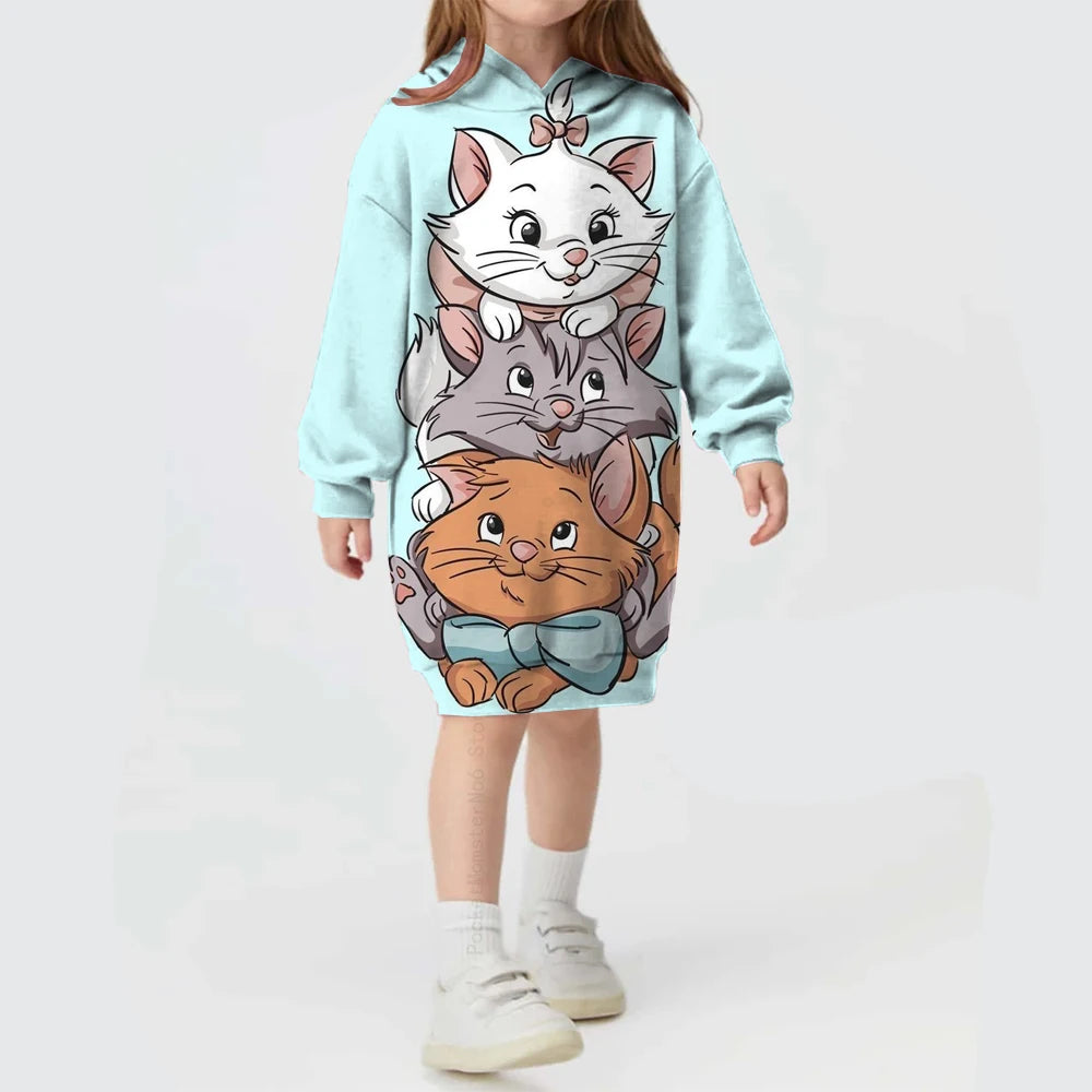 Kids Girls Cute Cat Print Casual Hoodie Dresses