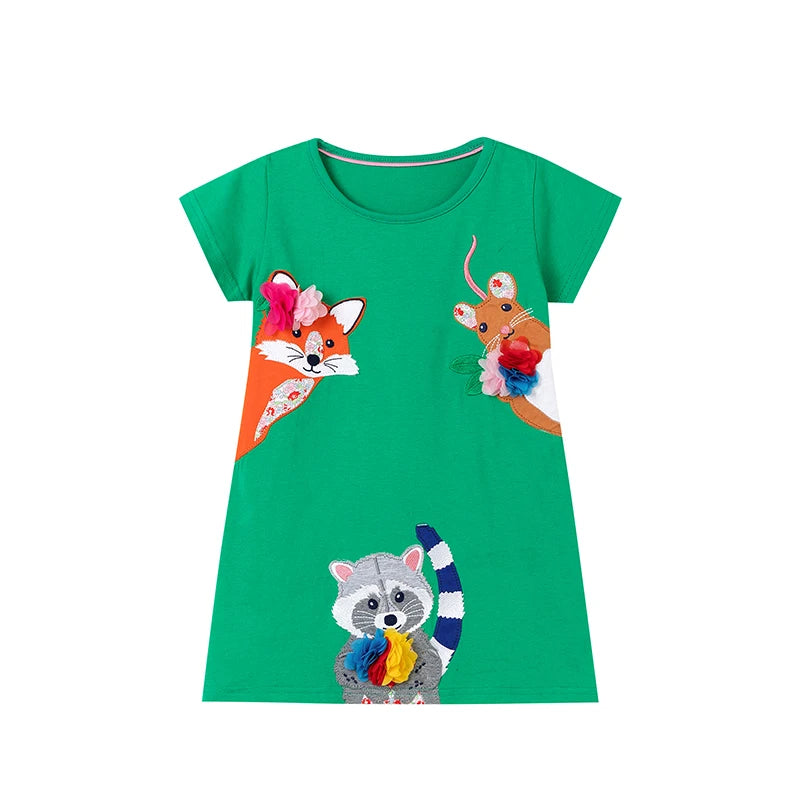 Girls Short Sleeves Fox Animals Print Summer Dresses