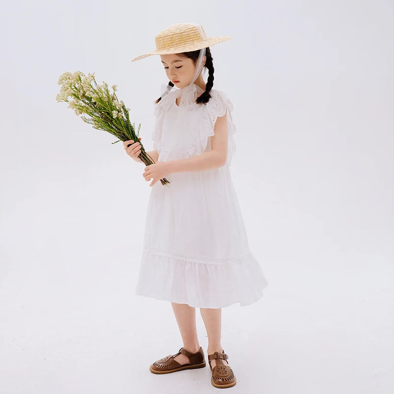 Lace Design Kids Girls Stylish Cotton Princess Dress for Summer