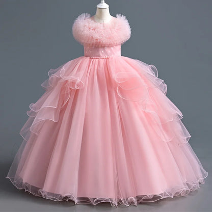 Kids Girls Long Fluffy Mesh Studded Grand Evening Party Dresses childrensterritory
