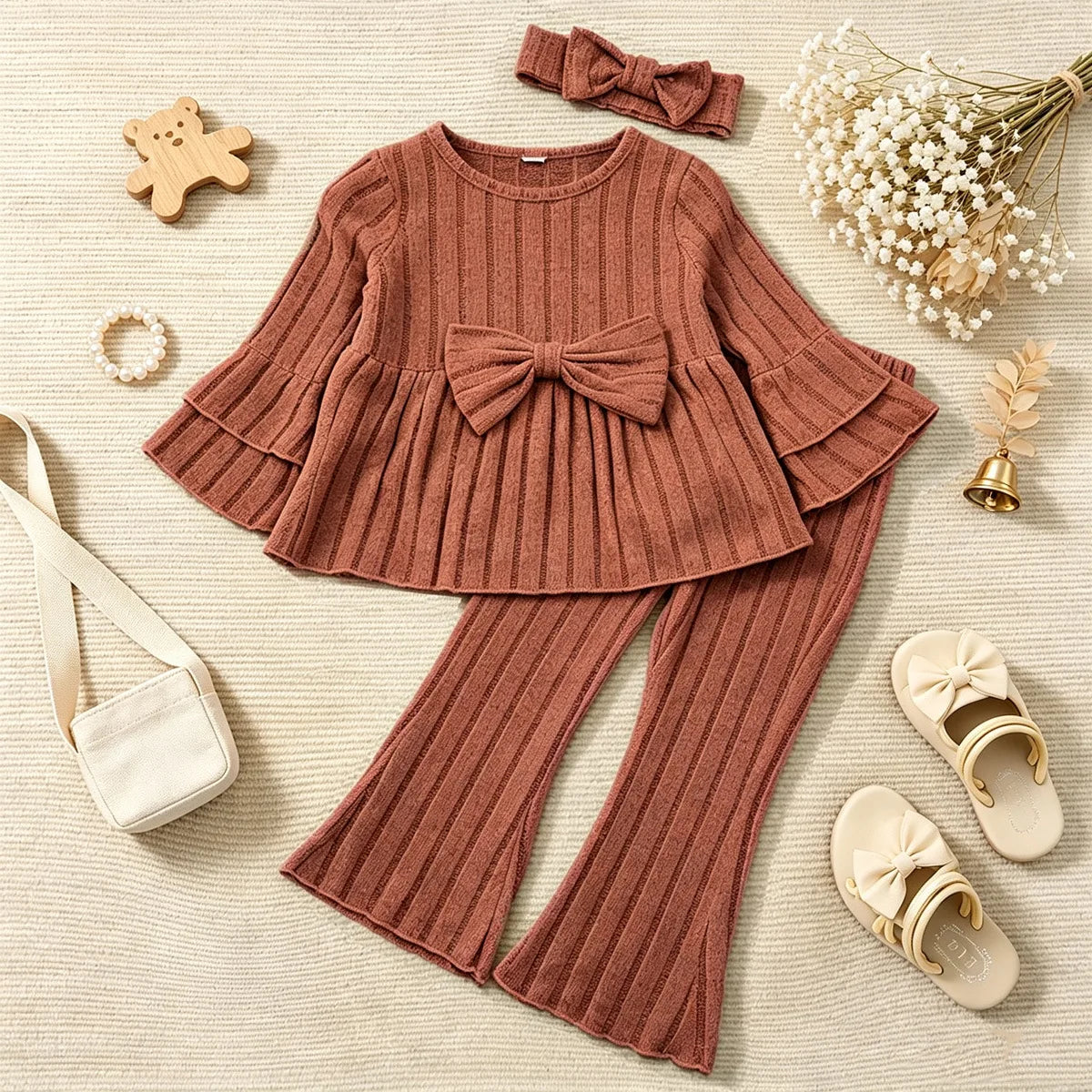 Little Girls Pleated Hem Top  and Pants Set with Bow Decoration