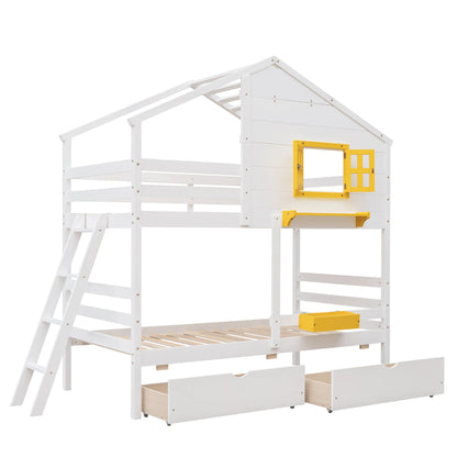 Hut Design Twin over Twin Bunk Bed with Window and Two Drawers childrensterritory
