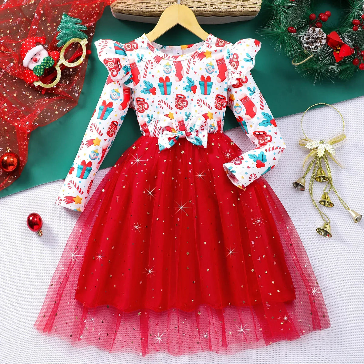 Kids Girls Christmas Style Long Sleeve Party Dresses