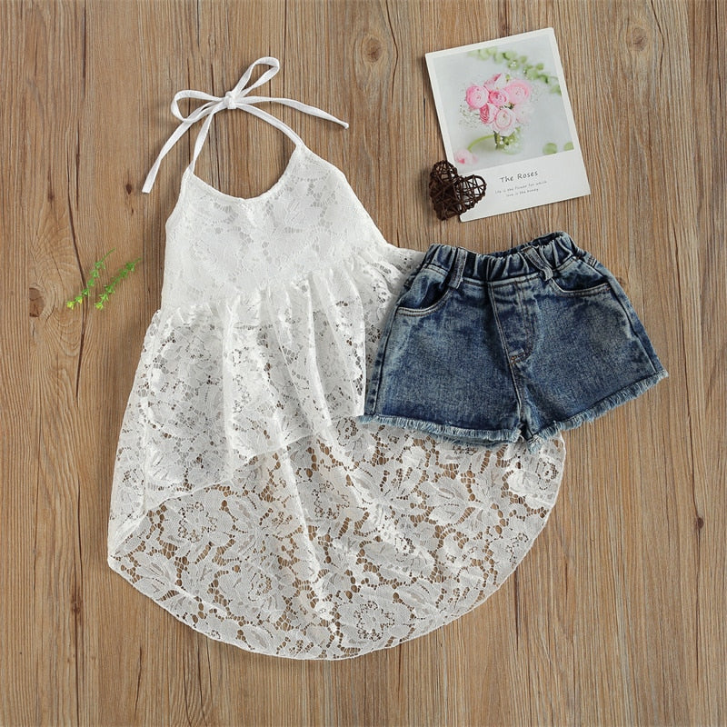 Kids Girls Sleeveless Halter Top + Denim Shorts Set childrensterritory