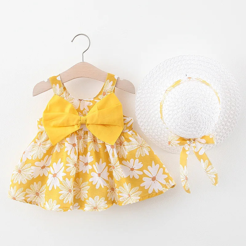 Baby Girls Sleeveless Floral Print Casual Dress with Hat childrensterritory