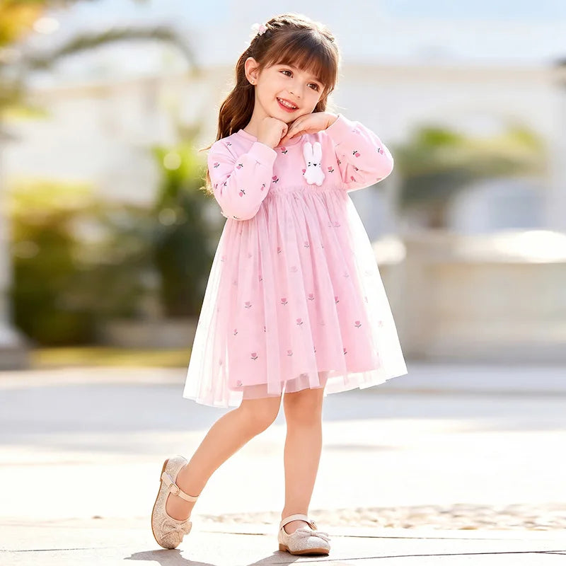 Long Sleeves Flower Design Girls Mesh Dress
