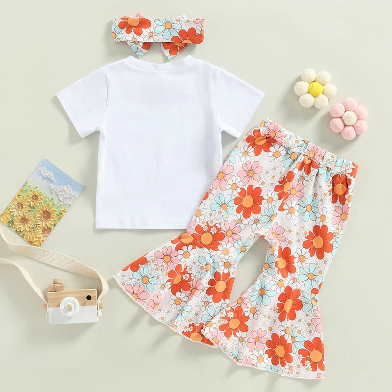 3pcs Printed Romper with Flare Pants Set for Baby Girls