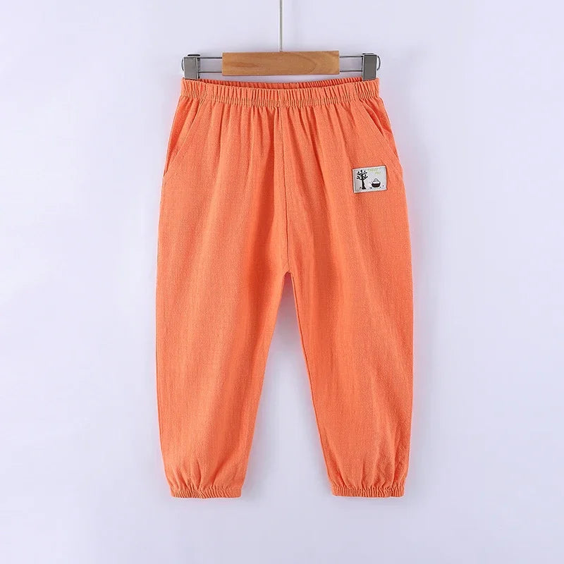 Elastic Waist Solid Color Children Cotton Trousers For Boys Girls
