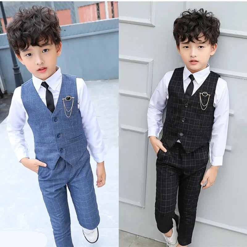 Slim Fit Kids Boys Plaid Vest Formal Wedding/Party Suit Sets childrensterritory