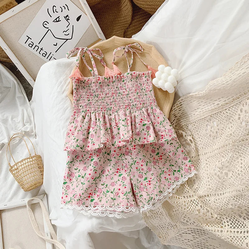 Floral Print Rustic Style Little Girl Sling Tops and Shorts Set childrensterritory