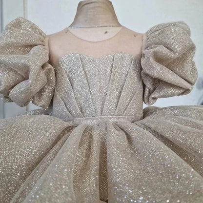 Kids Girl Shiny Puff First Communion Ruffle Dresses With Bow