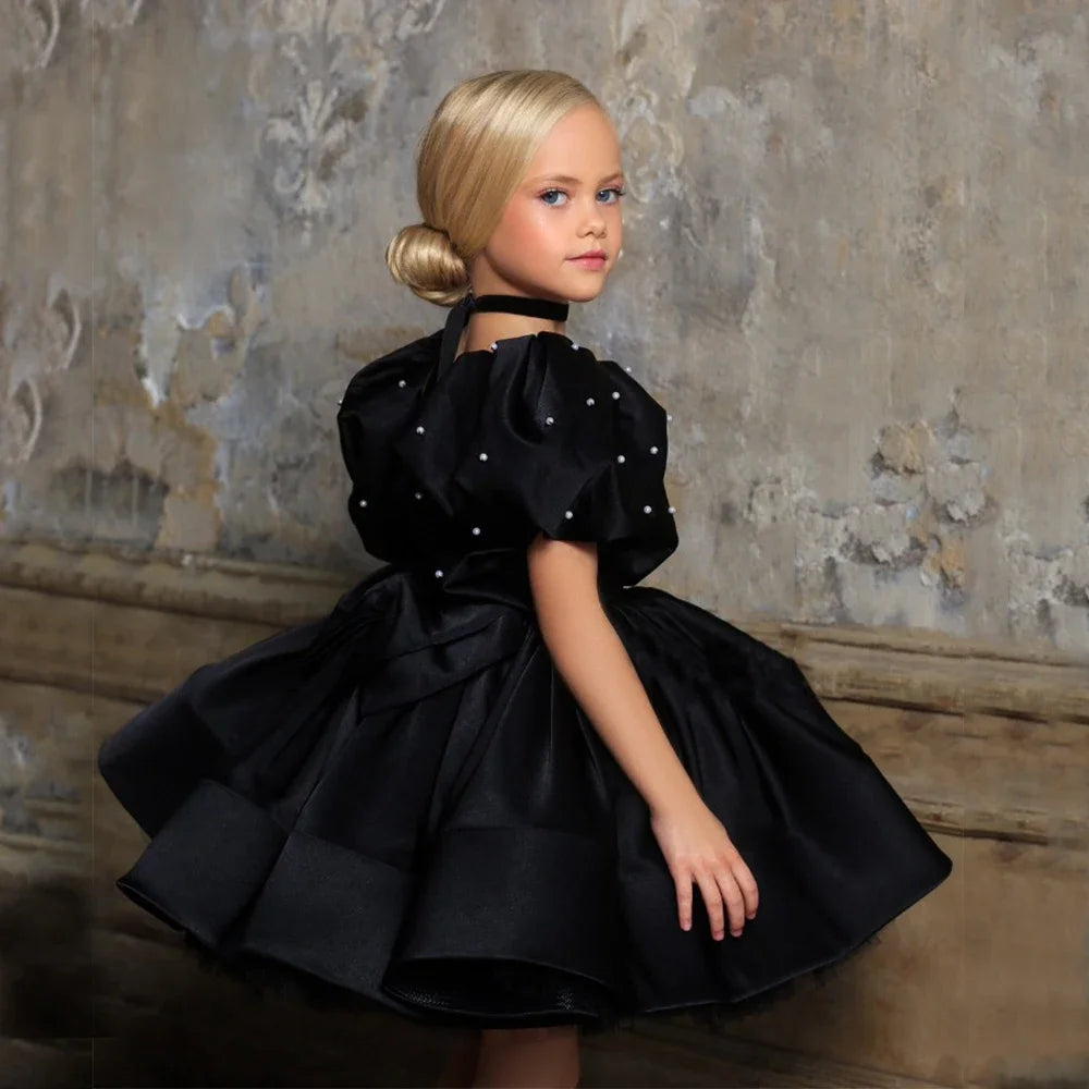 Pearls Designed Boat Neck Little Girls Party Dress