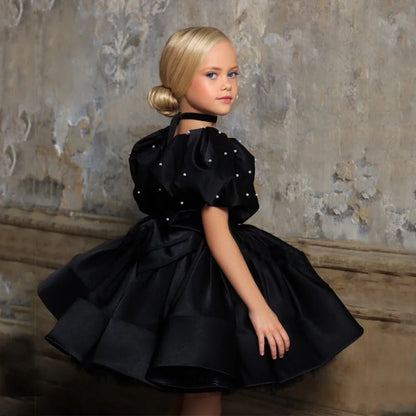 Pearls Designed Boat Neck Little Girls Party Dress