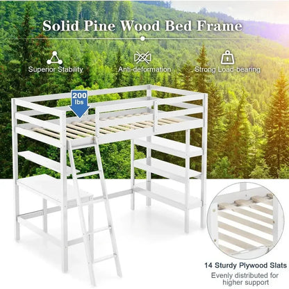 Stylish Kids Twin Loft Bed with Shelves, Desk, and Ladder