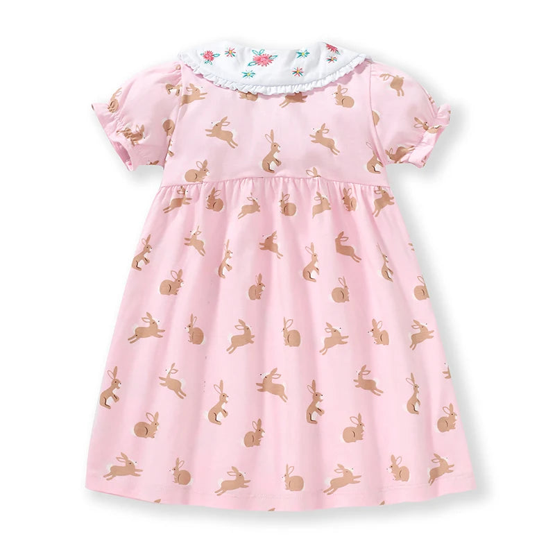 Girls Short Sleeves Rabbit Cartoon Print Summer Dresses childrensterritory