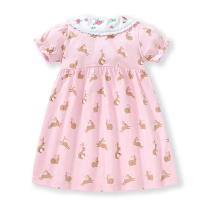 Girls Short Sleeves Rabbit Cartoon Print Summer Dresses childrensterritory