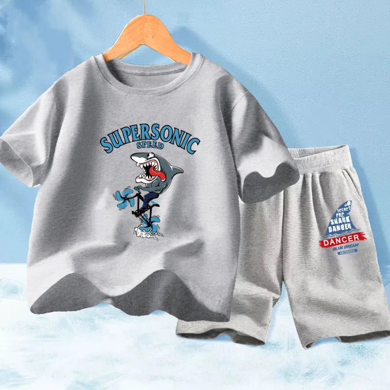 Kids Boy Funny Shark Print T-Shirts and Half Pants Set childrensterritory