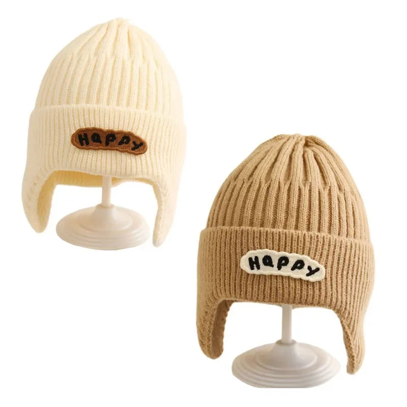 Happy Letter Print Baby Knit Beanies with Earflap childrensterritory